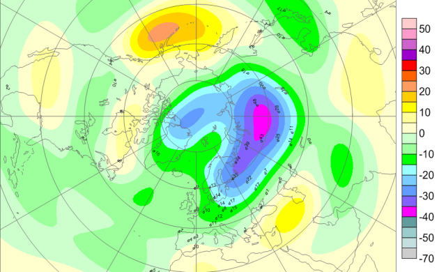 Карта озонового слоя. 11:00 29.01.2016