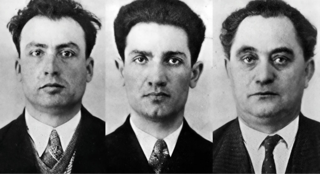 Обвиняемые на процессе — болгарские коммунисты Васил Танев, Благой Попов и Георгий Димитров. Фотографии немецкой полиции