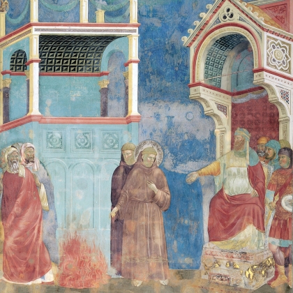Джотто. Св. Франциск перед султаном (испытание огнем) (житие св. Франциска в  28 фресках в верхней Церкви базилики Сан-Франческо в Ассизи). 1290-е