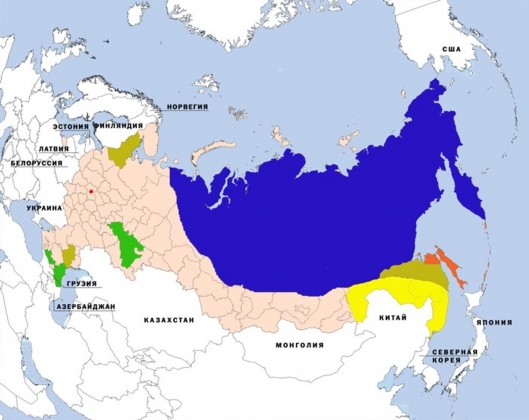 Рис. 1. Взгляд из будущего: зоны влияния на Россию разных цивилизаций к 2030 году