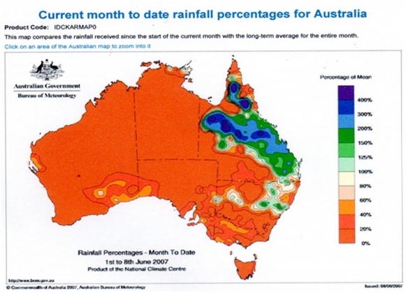 Рис. 7. Распределение осадков на территории Австралии в 2007 году