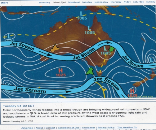 Рис. 9. Деформация осей струйных течений над Австралией в результате активных воздействий рядом с г.Бундабергом (05.02.2008)