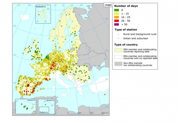 Рис. 16. Станции мониторинга приземного озона ЕС, зафиксировавшие превышение допустимых концентраций озона в 2014 году