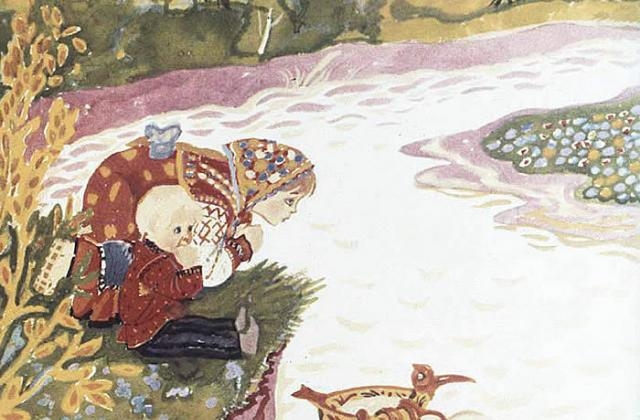 Молочная река в кисельных берегах. Иллюстрация к русской народной сказке «Гуси-лебеди»