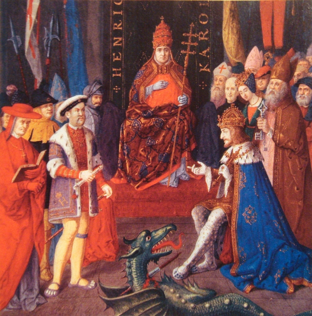 Генрих VIII (слева) с Карлом V (справа) и папой Львом X (в центре).1520
