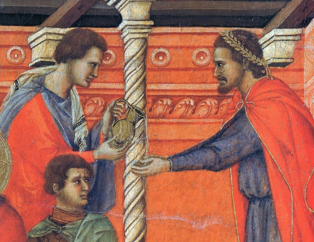 Дуччо ди Буонинсенья. Пилат умывает руки (фрагмент фрески «Маэста»). 1308