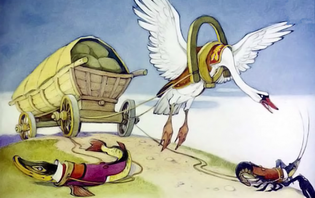 Иллюстрация к басне Крылова «Лебедь, рак и щука»