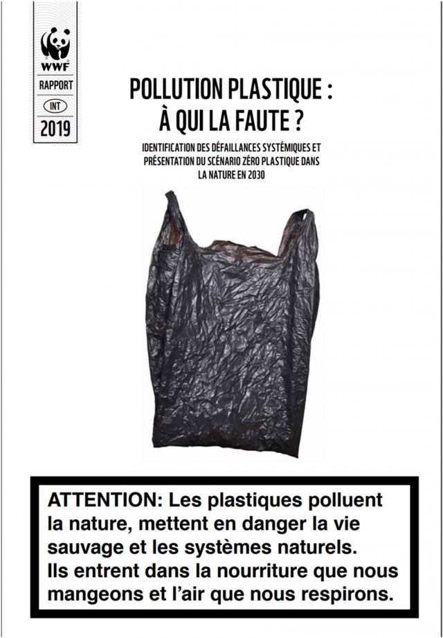 Предупреждение на титульном листе доклада WWF: «ВНИМАНИЕ: Пластмассы загрязняют окружающую среду, подвергают опасности дикую природу и природные системы. Пластик попадает в пищу, которые мы едим, и воздух, которым мы дышим»