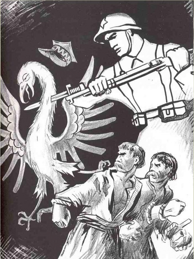 Красноармеец поражает польского орла, освобождая от гнёта украинских и белорусских крестьян Советский плакат. 1939