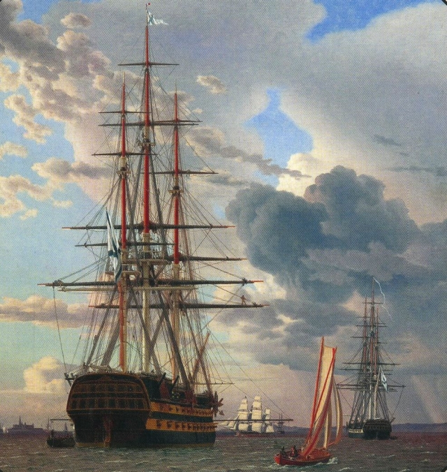 Линейный корабль «Азов» (1826). Построен в Архангельском адмиралтействе. За Наваринское сражение 1827 года первым на флоте получил кормовой Георгиевский флаг