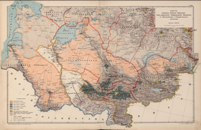 Карта коренных областей Туркестана- Сырдарьинской, Самаркандской, Ферганской
