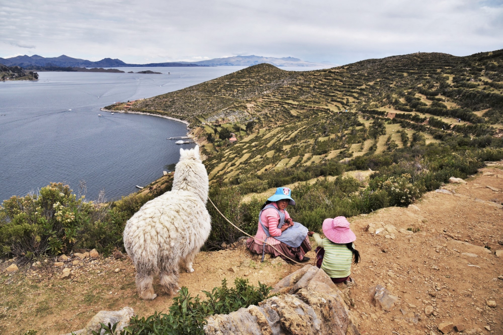Девочки с альпакой на холме острова Солнца. Боливия