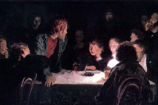 Илья Репин. Сходка (При свете лампы). 1883