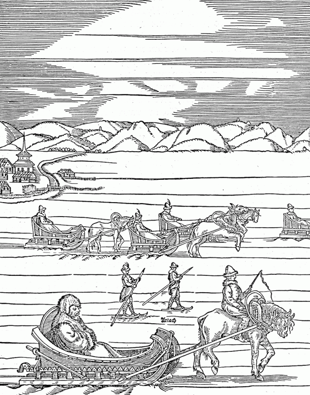 Русские, путешествующие на лыжах и санях. Гравюра из Записок о Московии С. Герберштейна. 1549 год