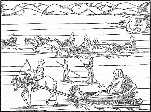 Русские, путешествующие на лыжах и санях. Гравюра из Записок о Московии С. Герберштейна. 1549 год