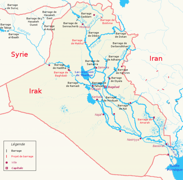 Карта с расположением построенных и запланированных плотин на Тигре в пределах Ирака 