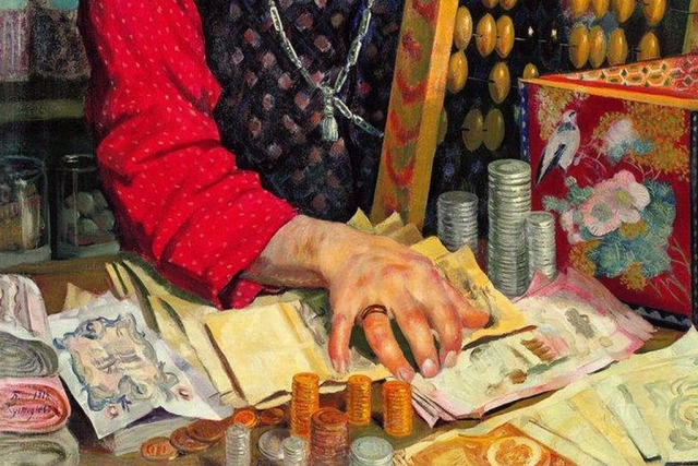 Борис Кустодиев. Купец, считающий деньги (фрагмент). 1918