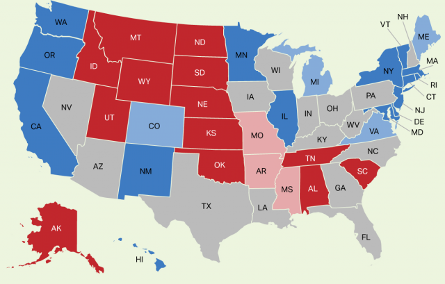 Демократические и республиканские штаты в США. Красный- республиканцы, Синий-демократы