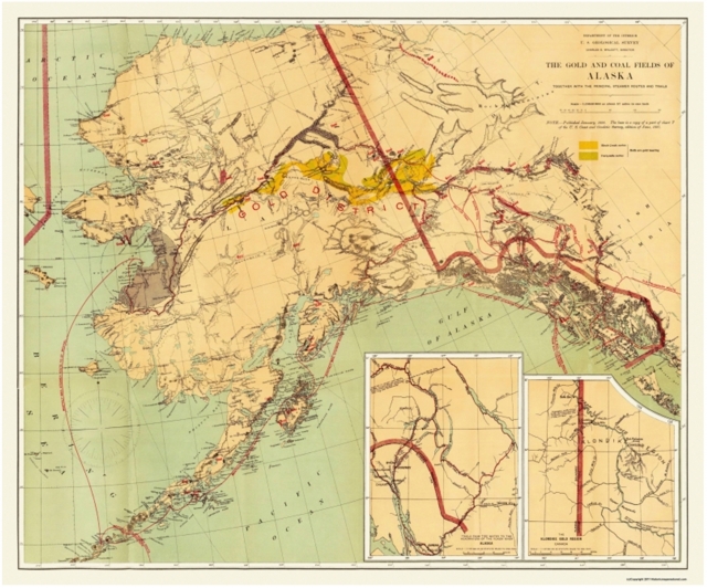Рис. 10. Карта Аляски 1898 г., где показаны месторождения золота