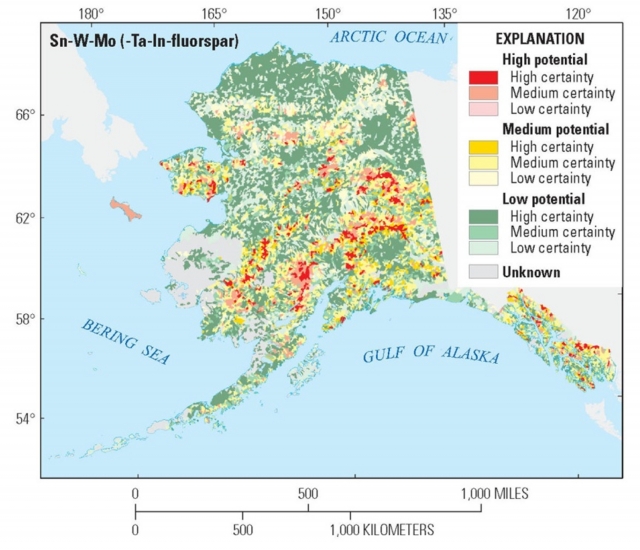 Рис. 12. Тяготение участков с высоким ресурсным потенциалом урановых и редкоземельных и других руд (отмечены красными значками) к 60-й параллели на Аляске
