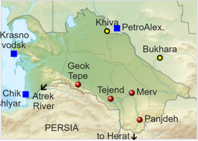 Геок-Тепе, Мерв и Пенджде на карте региона.
Синими квадратиками обозначены российские форты 
