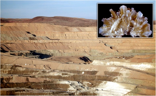 Боровый рудник Rio Tinto в Калифорнии. На врезке: кристаллы буры