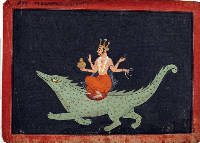 Варуна верхом на Макаре. 1675—1700 годы, акварель. Бунди, Индия