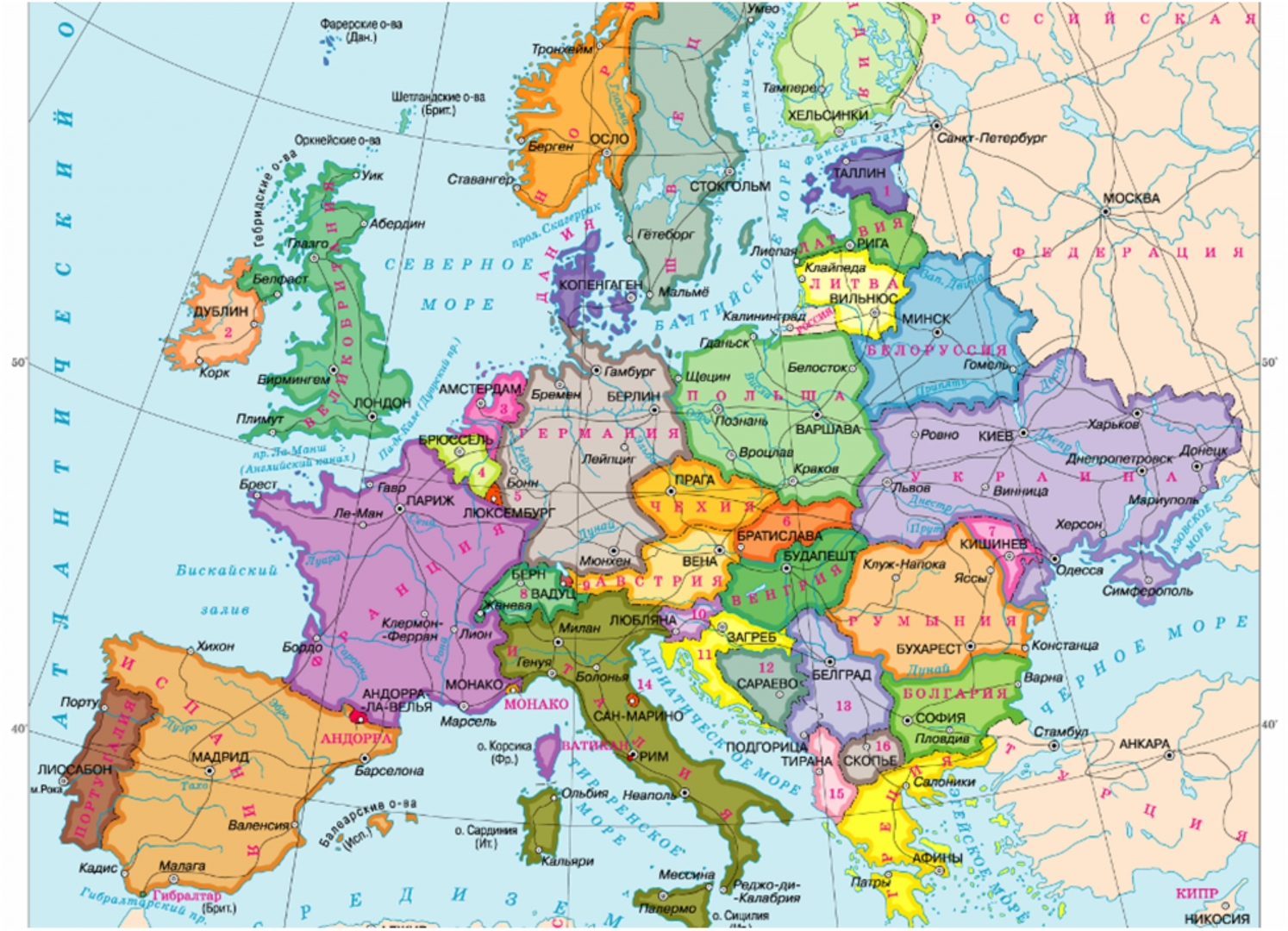 Карта Европы географическая по странам