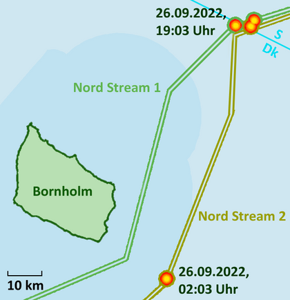 Места взрывов, вызванных атаками Nord Stream 26 сентября 2022